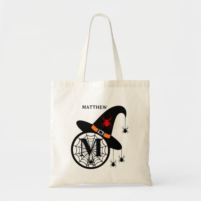 Bolsa Tote Monograma M Halloween Bruxas Aranha Seu Nome (Frente)