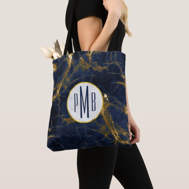 Bolsa Tote Monograma marinho Na moda Azul e Dourado Marble Mo (Close Up)