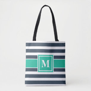 Bolsa Tote Monograma Marinho Náutico, Azul e Branco, com risc