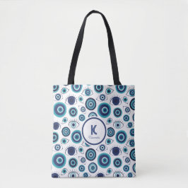 Bolsa Tote Monograma Mau de Olho Grego Branco Chic Azul