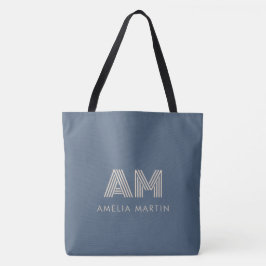 Bolsa Tote Monograma Minimalista em Azul Ardósia e Bege Areia