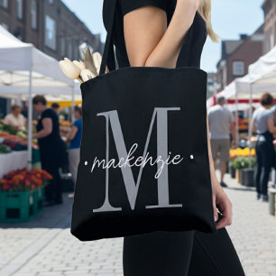 Bolsa Tote Monograma Minimalista Moderno Preto Branco