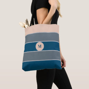 Bolsa Tote Monograma Moderno Chic com Listras de Bege, Cinza 