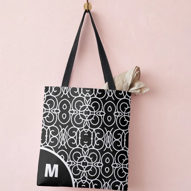 Bolsa Tote Monograma Moderno com Padrão de Loop Geométrico (Your letter, your tote so come on and customize it)