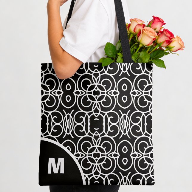 Bolsa Tote Monograma Moderno com Padrão de Loop Geométrico (Your letter, your tote so come on and customize it)