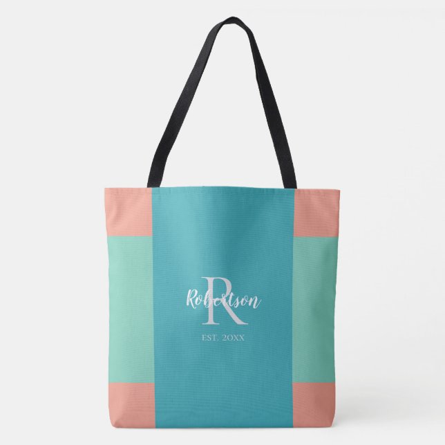 Bolsa Tote Monograma moderno da família Teal, Azul e Rosa-Cor (Frente)