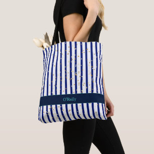 Bolsa Tote Monograma Moderno de Stripes Azul e Branco