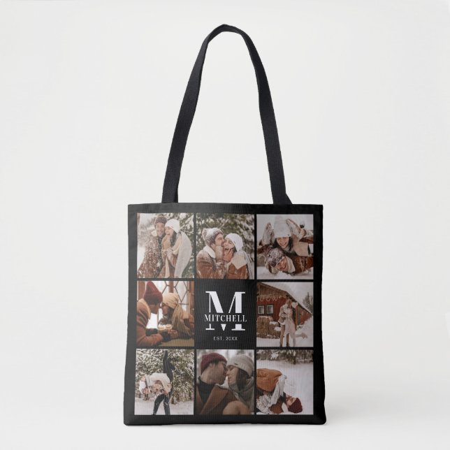 Bolsa Tote Monograma Moderno e Colagem de Fotos Personalizada (Frente)