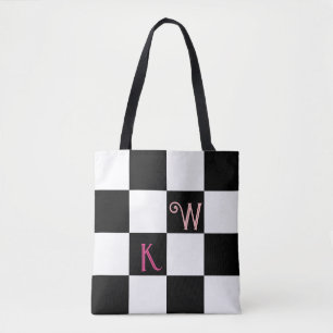 Bolsa Tote Monograma Moderno em Xadrez Preto e Branco