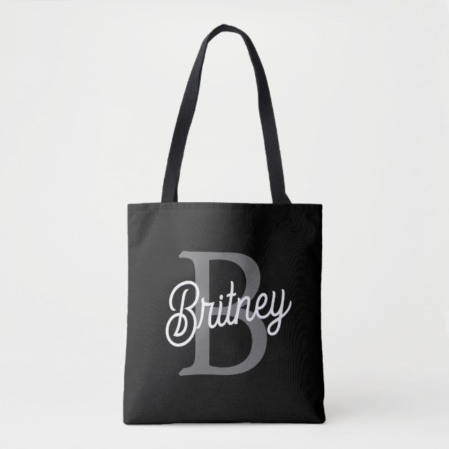 Bolsa Tote Monograma Moderno Nome do Elegante Script de Cinza (Frente)