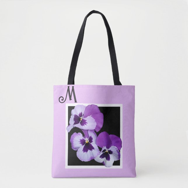 Bolsa Tote Monograma monograma floral roxo com nome M persona (Frente)