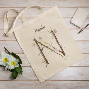 Bolsa Tote Monograma 'N' Floral de Narcisos Brancos Elegantes