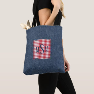 Bolsa Tote Monograma no Ombro com Estampa em Denim Escuro
