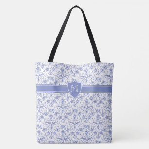 Bolsa Tote Monograma no teste padrão azul de Ogee da pervinc