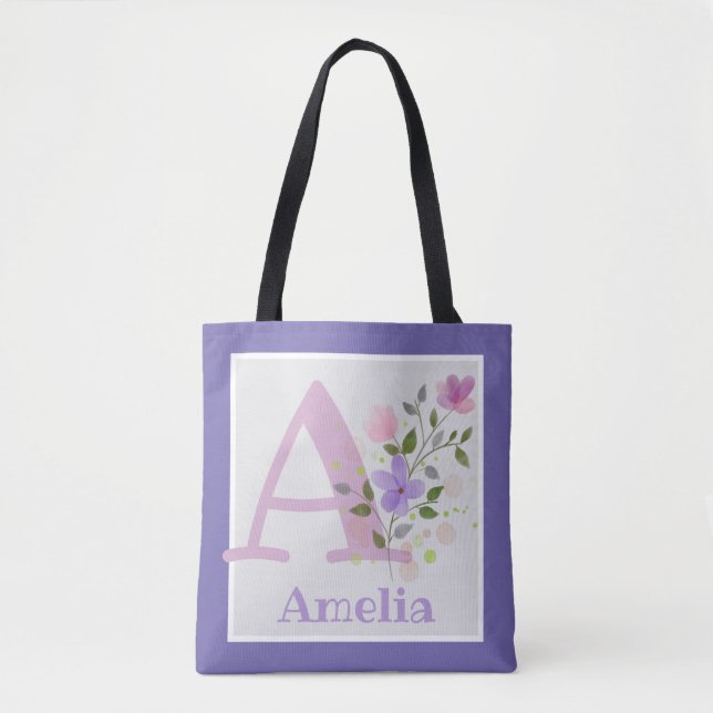 Bolsa Tote Monograma & Nome Amelia com Flores (Frente)