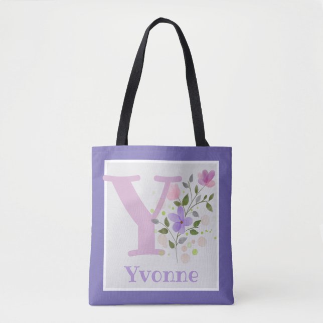 Bolsa Tote Monograma & Nome com Flores (Frente)