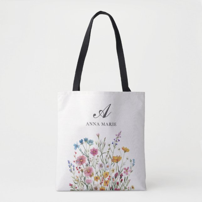 Bolsa Tote Monograma Nome Wildflower Boho Chic (Frente)