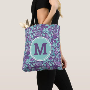Bolsa Tote Monograma Paisley Roxo e Azul Charmoso Estilo Shab