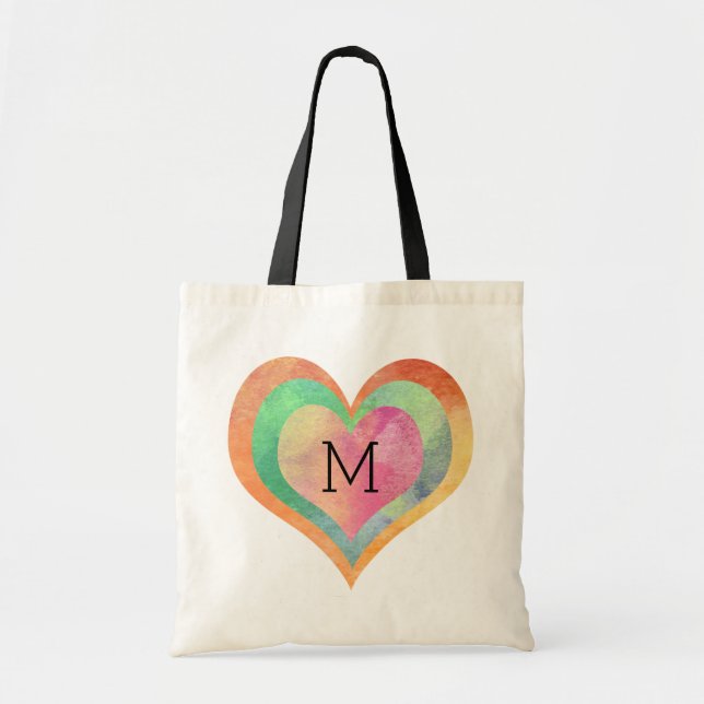 Bolsa Tote Monograma Pastel Watercolor Hearts (Frente)
