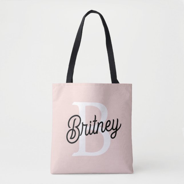 Bolsa Tote Monograma Personalizada Moderna e Nome em Rosa Pas (Frente)