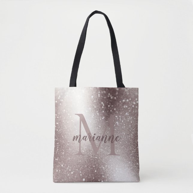 Bolsa Tote Monograma Personalizado com Brilho Prata Chic  (Frente)