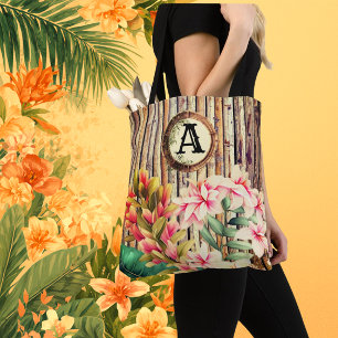 Bolsa Tote Monograma Personalizado de Bambu Tropical & Flores