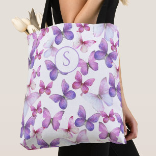 Bolsa Tote Monograma Personalizado de Borboletas Rosa e Púrpu