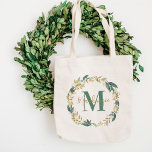 Bolsa Tote Monograma Personalizado de Ferida Floral Dourada V<br><div class="desc">A natureza elegante inspirou um design de tote personalizado que apresenta uma bela camada verde de aquarela com verde neutro, ouro e folhagem e flores coloridas de creme. Personalize com o nome do monograma personalizado e inicial. Faz um presente de excelente para as damas de honra e outros membros da...</div>