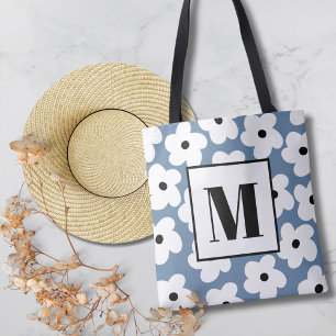 Bolsa Tote Monograma Personalizado de Flores Brancas Retro