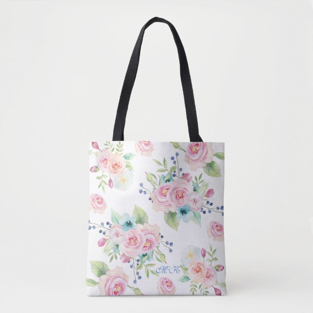 Bolsa Tote Monograma Personalizado de Flores de Aquarelas pin (Frente)