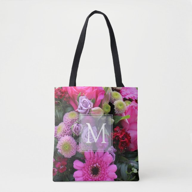 Bolsa Tote Monograma Personalizado de Flores Rosa e Violeta (Frente)