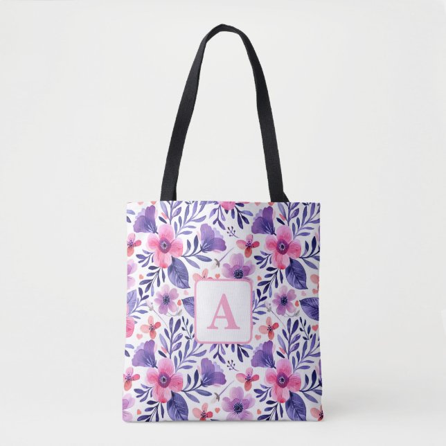 Bolsa Tote Monograma personalizado de flores roxas pintadas à (Frente)