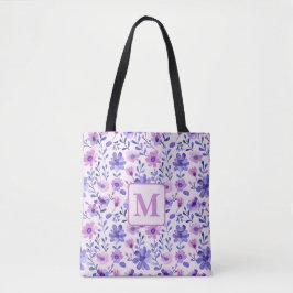 Bolsa Tote Monograma personalizado de flores roxas pintadas à