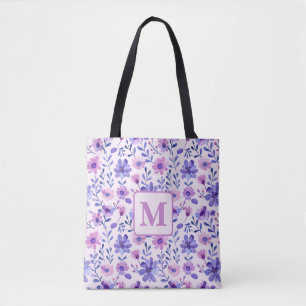 Bolsa Tote Monograma personalizado de flores roxas pintadas à