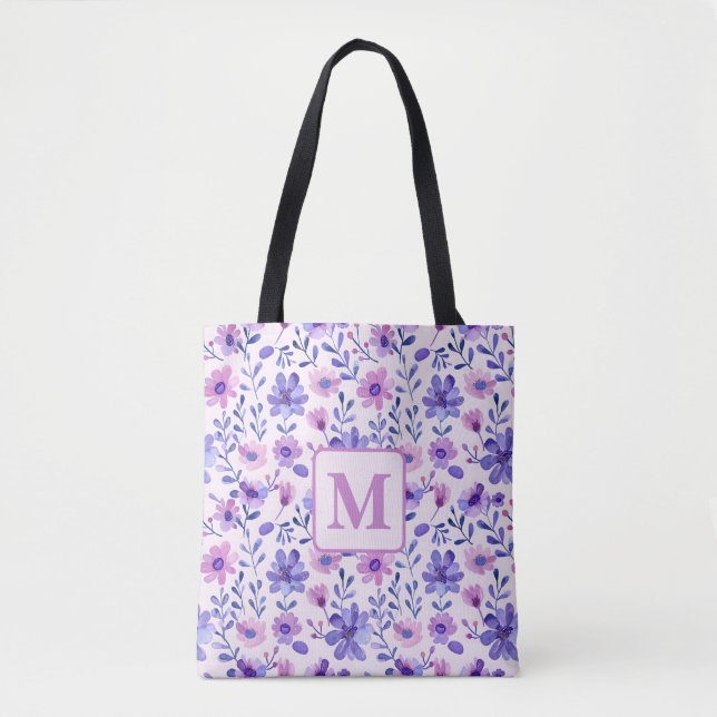 Bolsa Tote Monograma personalizado de flores roxas pintadas à (Frente)