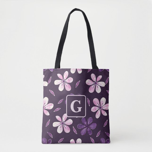 Bolsa Tote Monograma personalizado de flores roxas pintadas à (Frente)