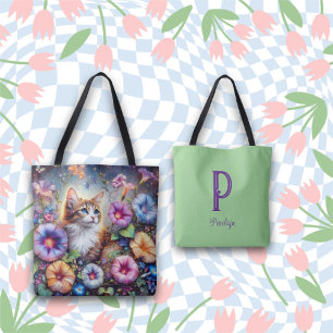Bolsa Tote Monograma Personalizado de Gatos Florais Coloridos