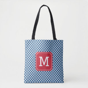 Bolsa Tote Monograma Personalizado de Gingham Azul Chic