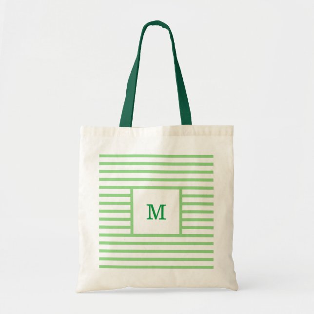 Bolsa Tote Monograma Personalizado de Listras Verdes e Branca (Frente)