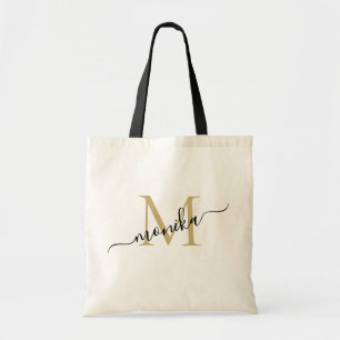 Bolsa Tote Monograma Personalizado de Ouro e Preto Elegante
