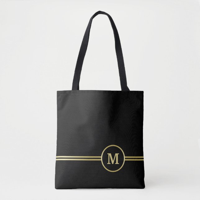 Bolsa Tote Monograma personalizado de ouro elegante a preto (Frente)