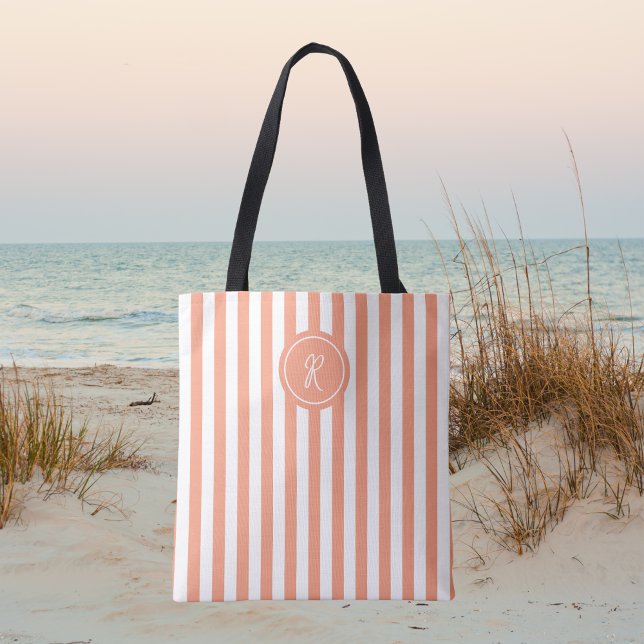 Bolsa Tote Monograma Personalizado de Stripe Francês de Coral (Criador carregado)