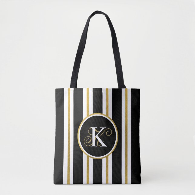 Bolsa Tote Monograma Personalizado de Stripes Negras e Dourad (Frente)