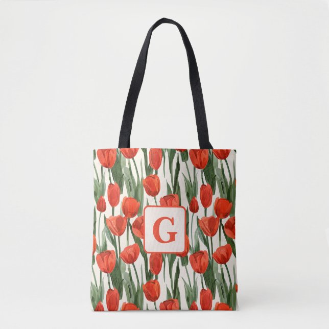 Bolsa Tote Monograma personalizado do padrão de tulipas verme (Frente)