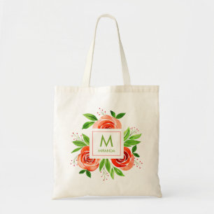Bolsa Tote Monograma Personalizado Floral Aquarela Pêssego