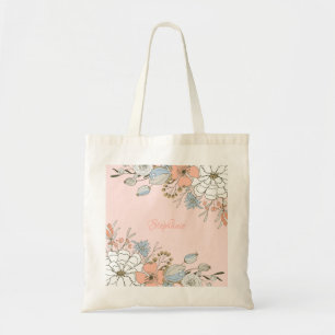 Bolsa Tote Monograma Personalizado Floral Azul Cor-de-Rosa Es