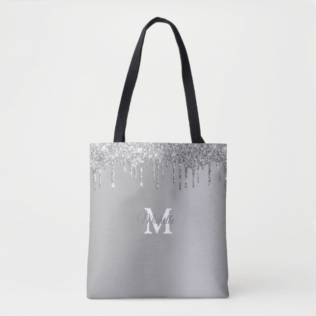 Bolsa Tote Monograma Personalizado Glitter Silver (Frente)