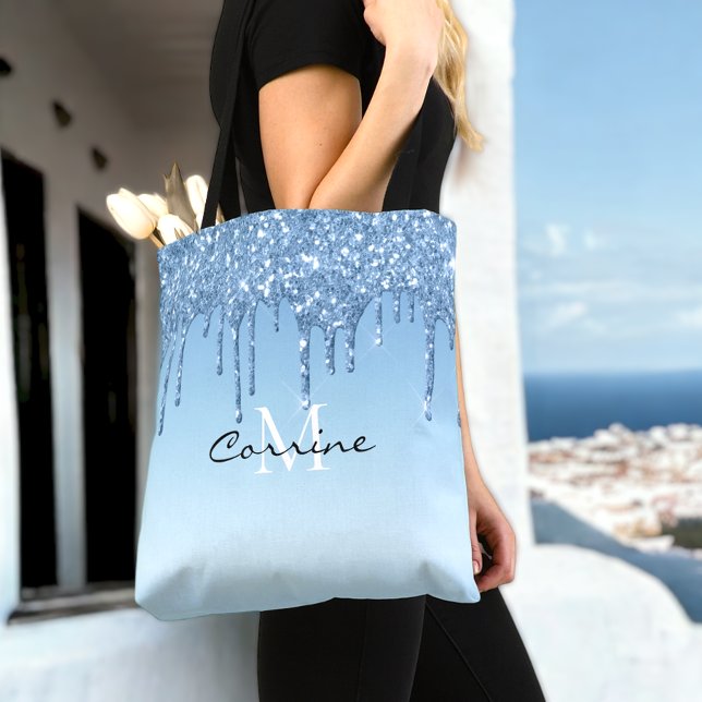 Bolsa Tote Monograma Personalizado Ice Blue Glitter Drives Me (Criador carregado)