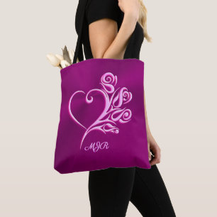 Bolsa Tote Monograma personalizado, Mauve Stylized Heart e Ro