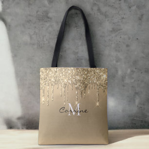 Bolsa Tote Monograma Personalizado Metálico de Glitter Dourad